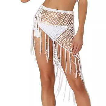 Женские полые юбки с кисточками, пляжная накидка, сетчатый прозрачный макси-саронг, купальник ALLEGRA K, белый