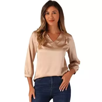 Женские повседневные атласные блузки для офисной работы с V-образным вырезом и рукавами 3/4 ALLEGRA K, цвет Champagne