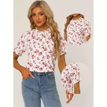 Женские повседневные блузки с рюшами и коротким рукавом с цветочным принтом и рюшами на шее ALLEGRA K, темно-зеленый