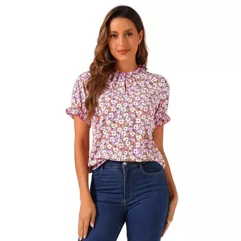 Женские повседневные блузки с рюшами и коротким рукавом с цветочным принтом и рюшами на шее ALLEGRA K, цвет Hot Pink