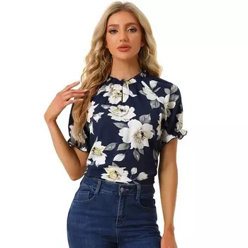 Женские повседневные блузки с рюшами и короткими рукавами и рюшами с цветочным принтом ALLEGRA K, цвет Dark Blue