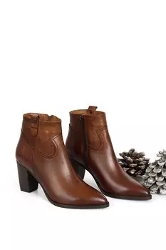 Женские повседневные ботинки из натуральной кожи с острым носком на каблуке и на молнии 39499 GNDER(R), тан-браун