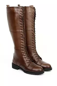 Женские повседневные ботинки из натуральной кожи с круглым носком и резиновой подошвой на каблуке и шнуровке 64601 GNDER(R), коричневый