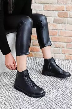Женские повседневные ботинки из натуральной кожи с круглым носком и резиновой подошвой на молнии и шнуровке 10402 GNDER(R), черный