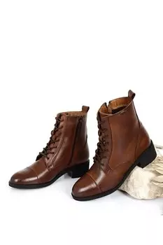 Женские повседневные ботинки из натуральной кожи с круглым носком, резиновой подошвой, каблуком и молнией на шнуровке 50417 GNDER(R), тан-браун