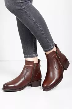 Женские повседневные ботинки из натуральной кожи с круглым носком, резиновой подошвой, каблуком и застежкой-молнией с кисточками 48456 GNDER(R), коричневый