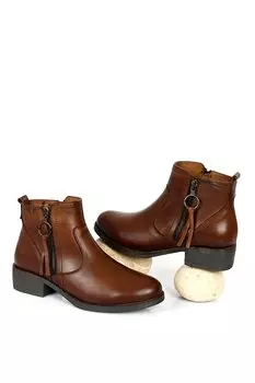 Женские повседневные ботинки из натуральной кожи с круглым носком, резиновой подошвой, каблуком и застежкой-молнией с кисточками 48456 GNDER(R), тан-браун