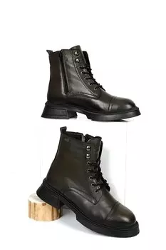 Женские повседневные ботинки на молнии и шнуровке из натуральной кожи с круглым носком и термоподошвой цвета хаки 51452 GNDER(R)