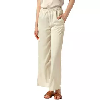 Женские повседневные брюки с высокой эластичной талией, атласные широкие брюки ALLEGRA K, бежевый