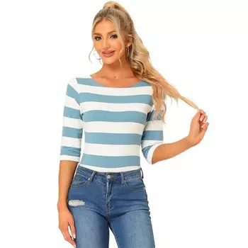 Женские повседневные футболки с рукавами до локтя, облегающие топы с вырезом лодочкой ALLEGRA K, цвет Gray Blue White