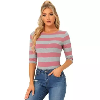 Женские повседневные футболки с рукавами до локтя, облегающие топы с вырезом лодочкой ALLEGRA K, цвет Pink Gray