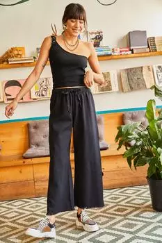 Женские повседневные габардиновые брюки с эластичным поясом и кисточками Olalook, черный