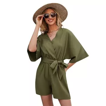 Женские повседневные короткие комбинезоны с V-образным вырезом и поясом, расклешенный комбинезон с половиной рукавов и завязкой на талии MISSKY, цвет Army Green