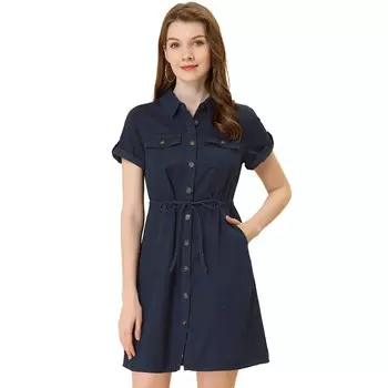 Женские повседневные летние платья с короткими рукавами на пуговицах спереди ALLEGRA K, цвет Dark Blue