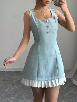 Женские повседневные платья Priv контрастного цвета и объемный цветочный декор Shein, синий