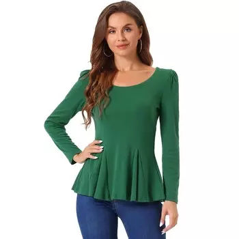 Женские повседневные рубашки с баской и длинными рукавами с круглым вырезом, топы ALLEGRA K, цвет Dark Green