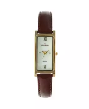 Женские прямоугольные часы с золотистым корпусом и глянцевым коричневым кожаным ремешком Peugeot, коричневый