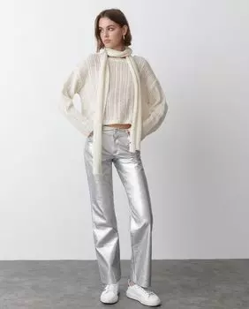 Женские прямые брюки из кожи с эффектом металлик Brownie, серебро