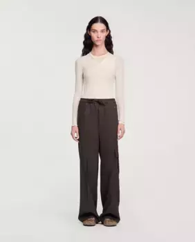 Женские прямые брюки с эластичной талией и карманом-карго Sandro, темно-коричневый