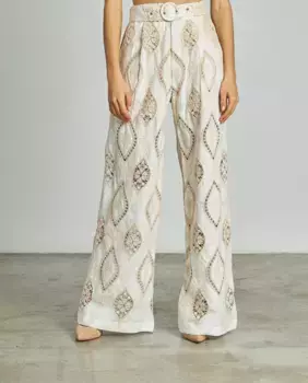 Женские прямые брюки с вышивкой и ажурными деталями на высокой посадке Alma en Pena, белый