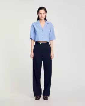 Женские прямые брюки со складками на завышенной талии Sandro, темно-синий