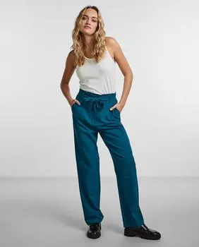 Женские прямые брюки типа «бумажный мешок» с поясом-бантом Pieces, темно-синий