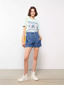 Женские прямые джинсовые шорты с эластичной резинкой на талии LCW Jeans, среднее индиго родео