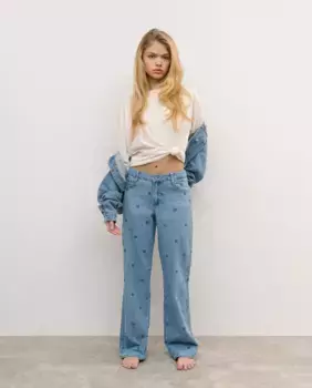 Женские прямые джинсы с цветочной вышивкой Brownie, синий