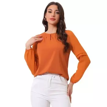 Женские рабочие топы, шифоновая рубашка, полупрозрачная элегантная блузка с вырезом под горло ALLEGRA K, цвет Dark Orange
