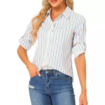 Женские рубашки на пуговицах с отложным воротником и длинными рукавами ALLEGRA K, цвет Light Blue Orange