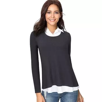 Женские рубашки с длинным рукавом и контрастным воротником, лоскутная рабочая блузка, туники, топы MISSKY, цвет Dark Grey