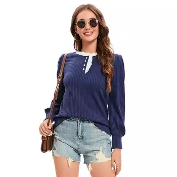 Женские рубашки с кружевной отделкой и рюшами Henley, туники с круглым вырезом и длинными рукавами, свободный пуловер, свитер MISSKY, цвет Navy Blue