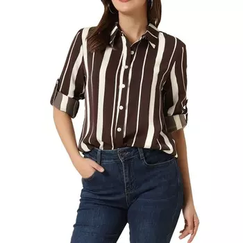 Женские рубашки с отложным воротником и длинными рукавами на пуговицах и закатанными рукавами ALLEGRA K, коричневый