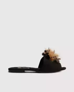 Женские сандалии на плоской подошве из черного бархата с отделкой из перьев Lodi, черный