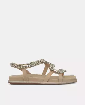 Женские сандалии на плоской подошве с квадратным носком и стразами в виде змеи Alma en Pena, бежевый