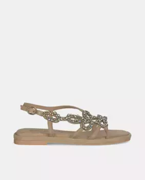 Женские сандалии на плоской подошве с квадратным носком и отделкой стразами Alma en Pena, бежевый