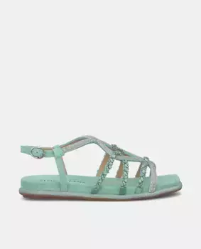 Женские сандалии на плоской подошве с квадратным носком и ремешками со стразами Alma en Pena, зеленый