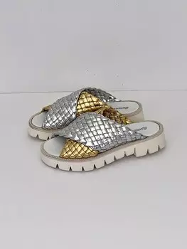 Женские сандалии с плетеным ремешком металлик, серебро/золото Rocco P.