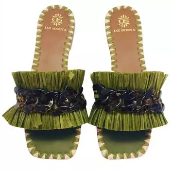 Женские сандалии Sabaudia Raffia Flat Sandals зеленого цвета De Siena