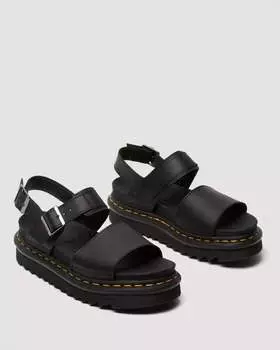 Женские сандалии Voss Leather Strap черного цвета с желтой строчкой Dr. Martens