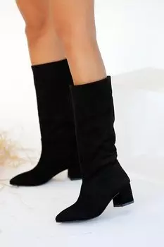 Женские сапоги ниже колена на плоской подошве на коротком каблуке 024-1010-21Замша Pembe Potin, черный