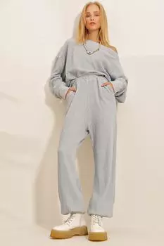 Женские серо-синие текстурированные брюки для бега с двойными карманами и эластичной резинкой на талии и штанинах Trend Alaat Stili, серый