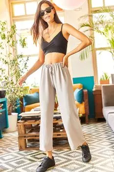 Женские серые брюки-палаццо из струящейся ткани на шнуровке Ayrobin Olalook, серый