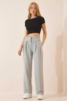 Женские серые тканые брюки с высокой талией и поясом Happiness stanbul, серый