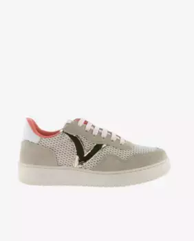 Женские сетчатые кроссовки с замшевыми деталями в тон и металлическим логотипом Victoria, бежевый