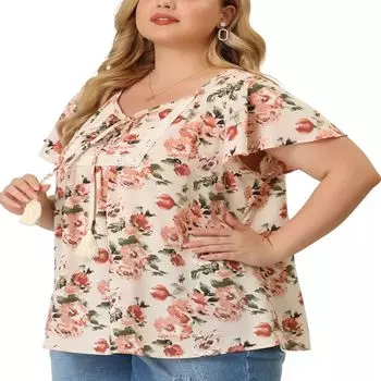 Женские шифоновые топы больших размеров с завязкой на шее и кисточками, кружевные вставки, расклешенные рукава, цветочные топы Agnes Orinda