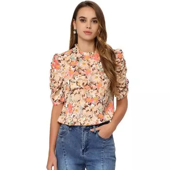 Женские шифоновые топы с цветочным принтом и рюшами и воротником-стойкой, пышными рукавами и половиной рукавов ALLEGRA K, розовый