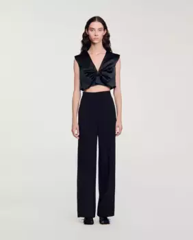 Женские широкие брюки с атласной полоской по бокам Sandro, черный