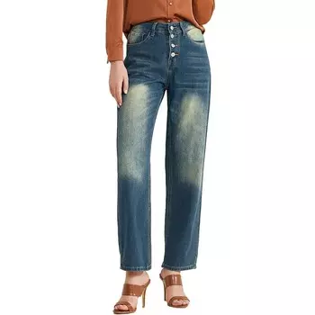 Женские широкие джинсы. Прямые джинсы с высокой талией. Джинсовые брюки на пуговицах с карманом. ALLEGRA K, синий