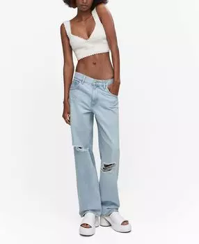 Женские широкие джинсы с декоративными рваными краями MANGO